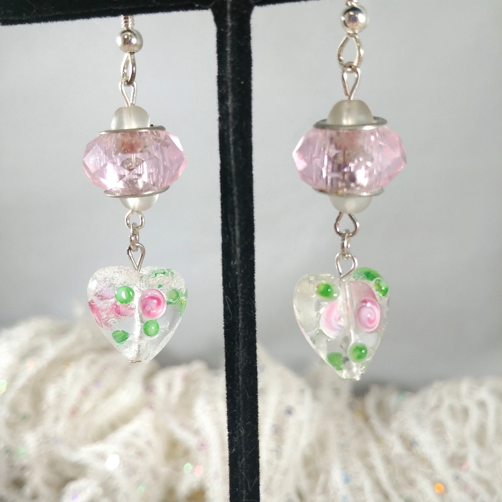 Flower Heart Pink and white glass beaded earrings